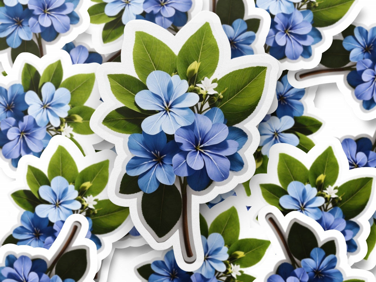 Set 12 bucati, Sticker decorativ, Floarea dragostei Plumbago cu frunze, Rezistent la apa, NO3431, 6 cm, Multicolor