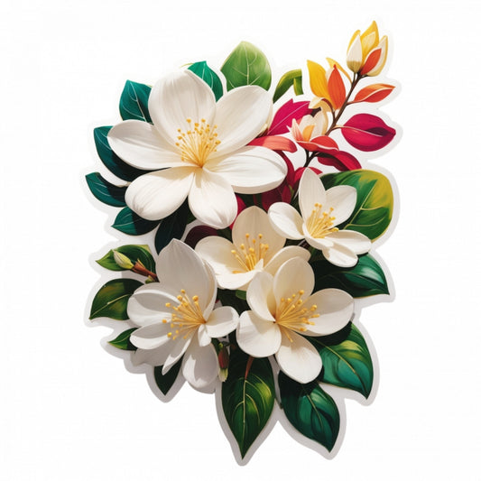 Set 12 bucati, Sticker decorativ, Flori de iasomie cu frunze, Rezistent la apa, NO3103, 6 cm, Multicolor