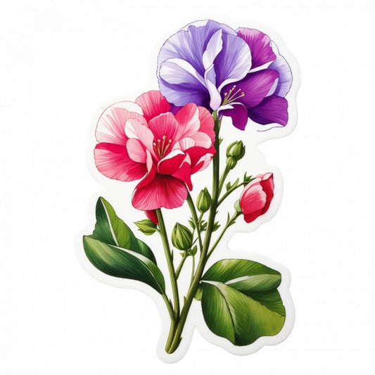Set 12 bucati, Sticker decorativ, Flori de Sweet Pea, Rezistent la apa, NO3619, 6 cm, Multicolor