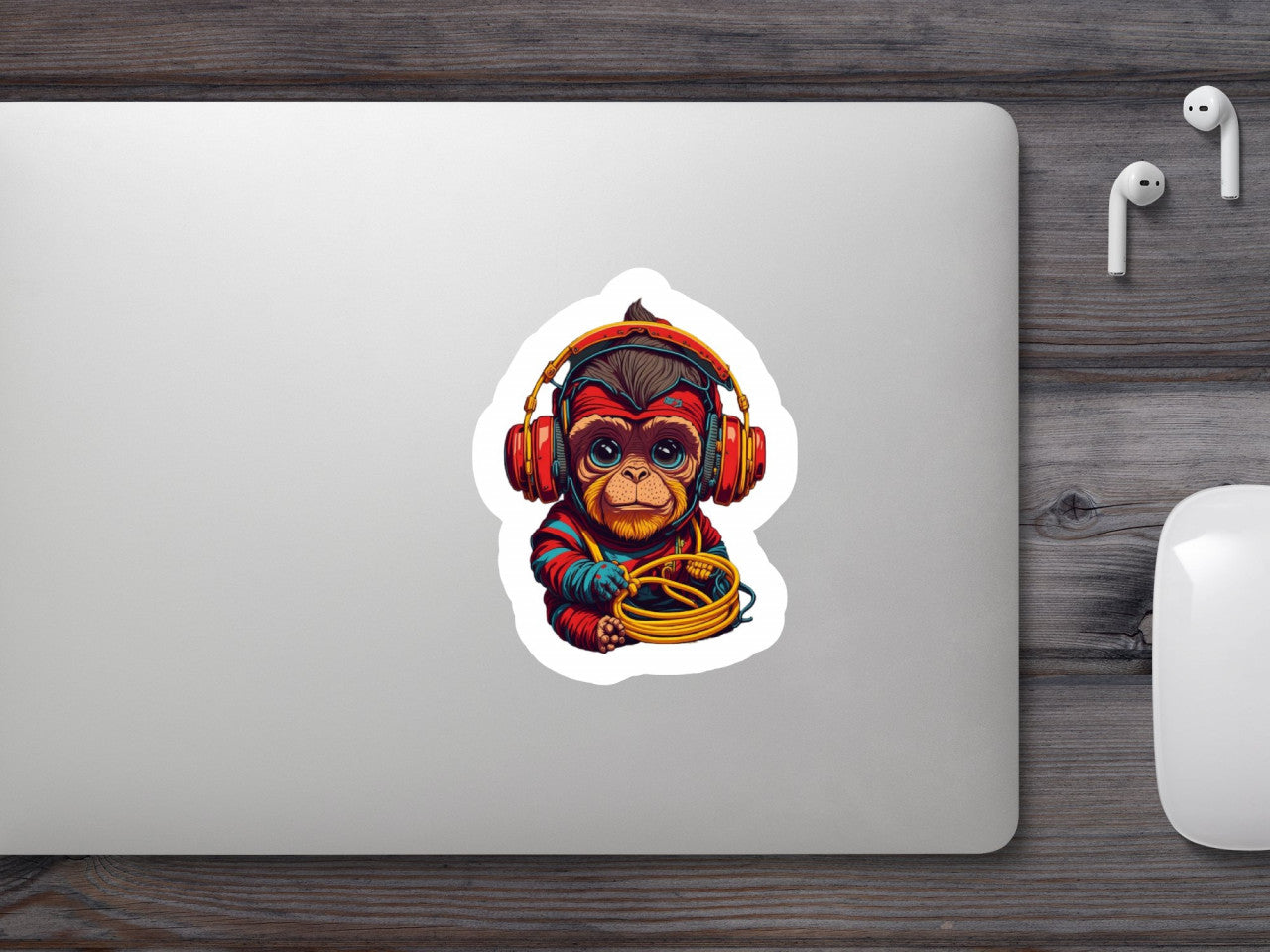 Set 12 bucati, Sticker decorativ, Maimuta cu casti, Rezistent la apa, NO3985, 6 cm, Multicolor