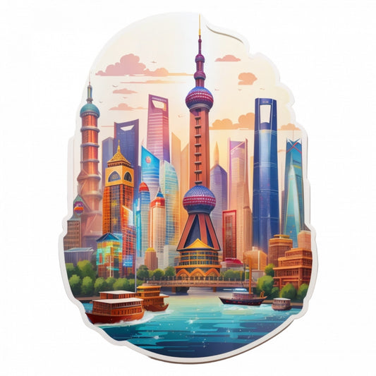 Set 12 bucati, Sticker decorativ, Orasul Shanghai, Rezistent la apa, NO3550, 6 cm, Multicolor
