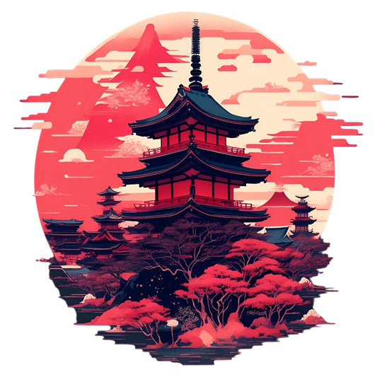 Set 12 bucati, Sticker decorativ, Pagoda japoneza in apus, Rezistent la apa, NO3888, 6 cm, Multicolor