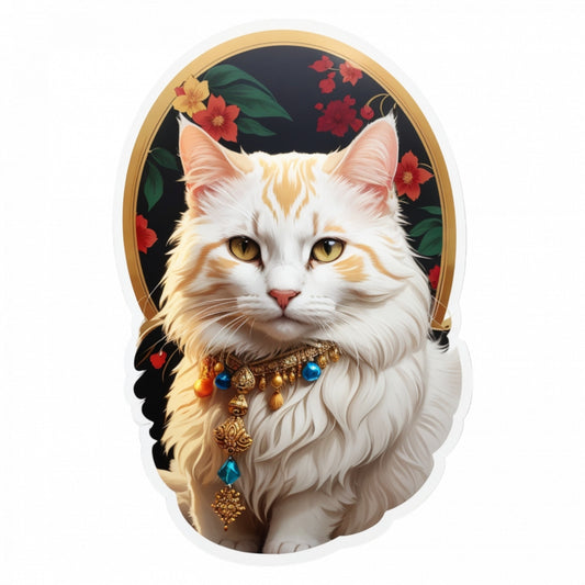 Set 12 bucati, Sticker decorativ, Pisica Khao manee cu colier, Rezistent la apa, NO3114, 6 cm, Multicolor