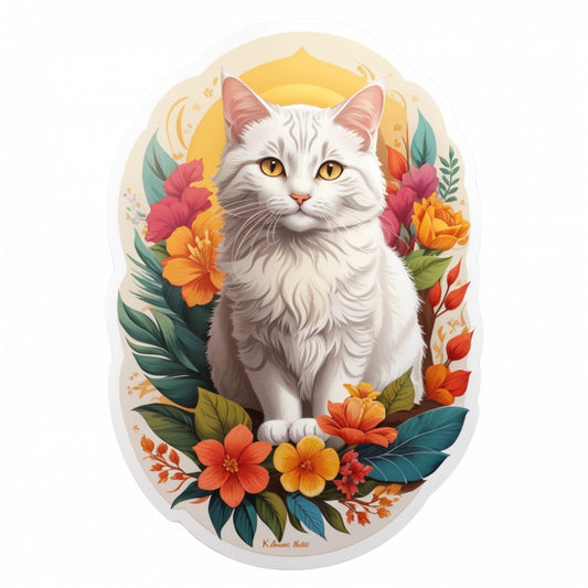 Set 12 bucati, Sticker decorativ, Pisica Khao manee cu flori, Rezistent la apa, NO3113, 6 cm, Multicolor