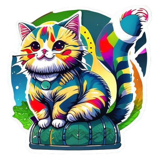 Set 12 bucati, Sticker decorativ, Pisica multicolora, Rezistent la apa, NO4682, 6 cm, Multicolor