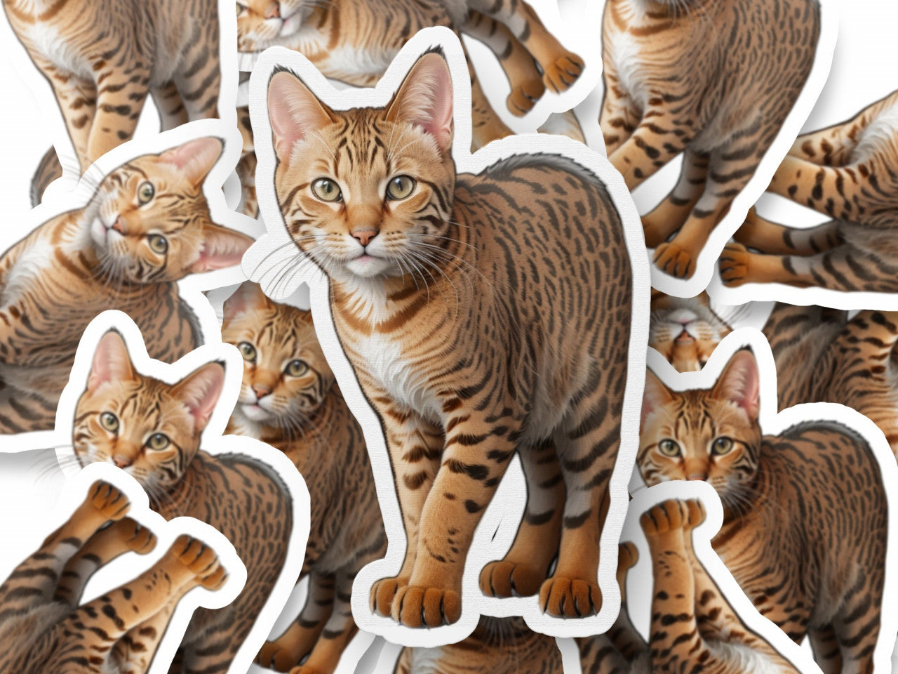 Set 12 bucati, Sticker decorativ, Pisica Ocicat, Rezistent la apa, NO3328, 6 cm, Multicolor
