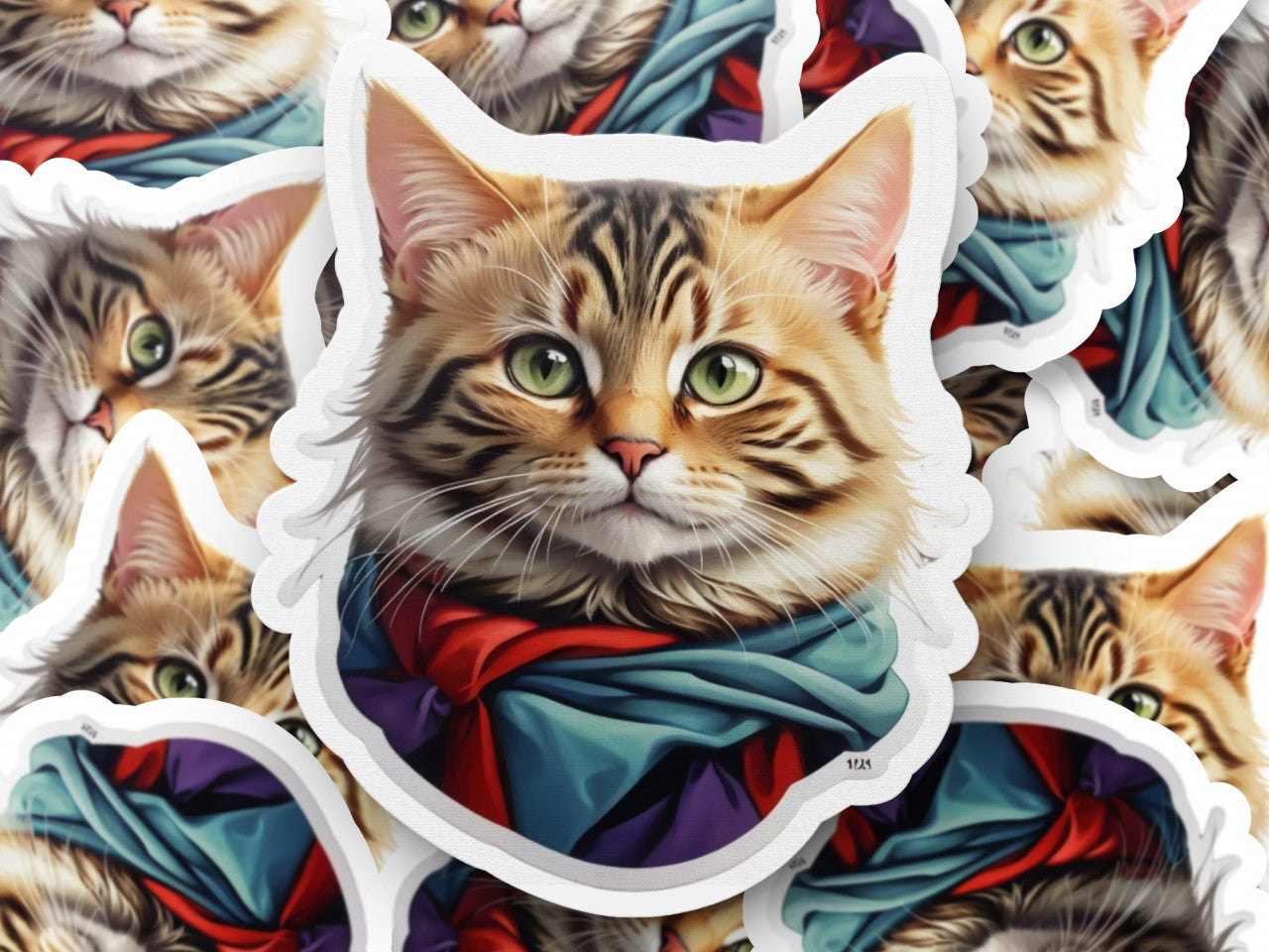 Set 12 bucati, Sticker decorativ, Pisica Pixie bob cu esarfa, Rezistent la apa, NO3428, 6 cm, Multicolor