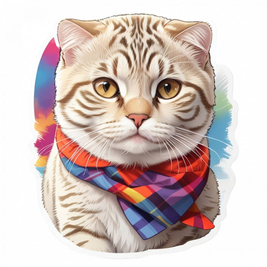 Set 12 bucati, Sticker decorativ, Pisica Scottish Fold cu bandana, Rezistent la apa, NO3530, 6 cm, Multicolor