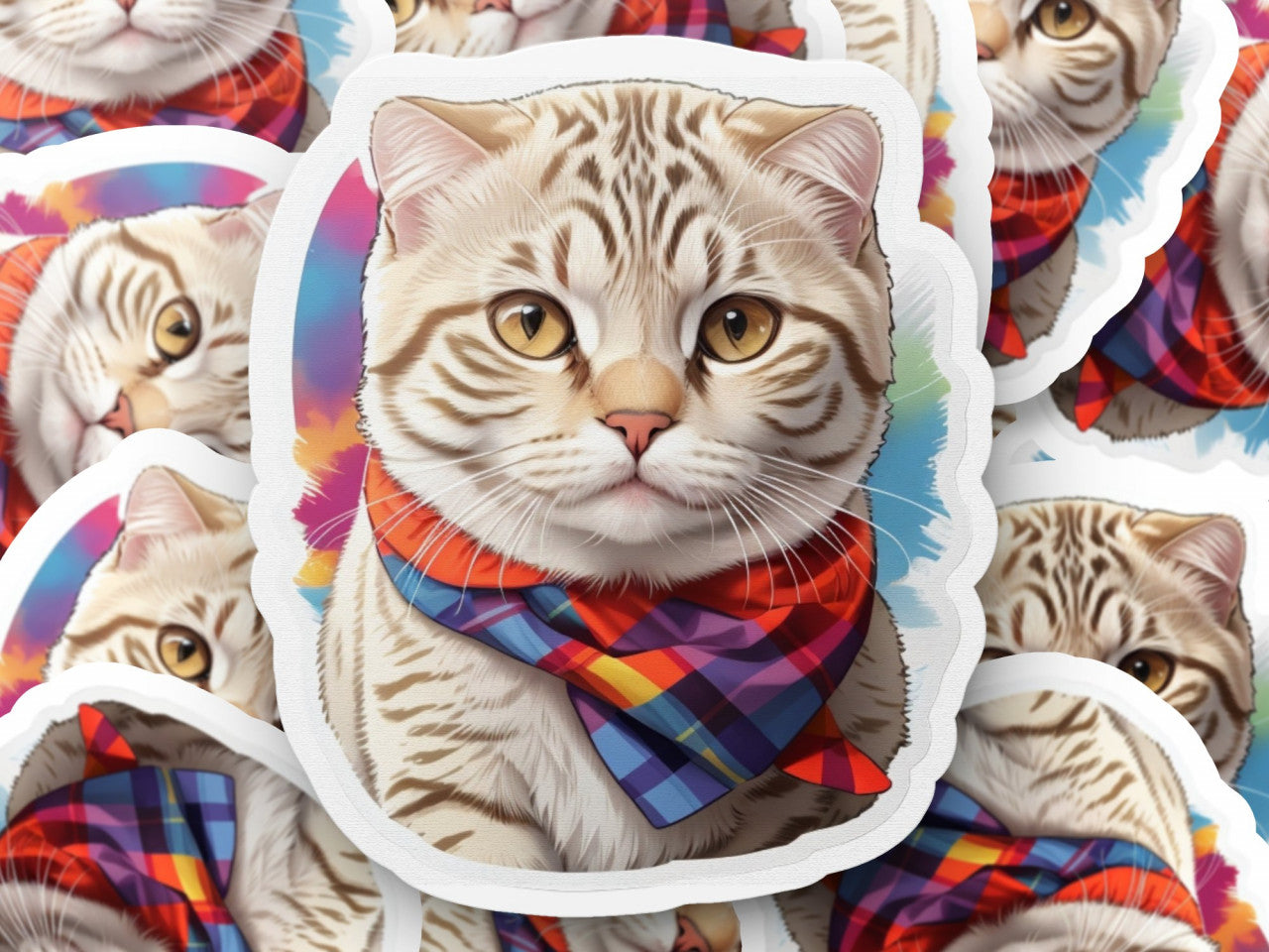 Set 12 bucati, Sticker decorativ, Pisica Scottish Fold cu bandana, Rezistent la apa, NO3530, 6 cm, Multicolor