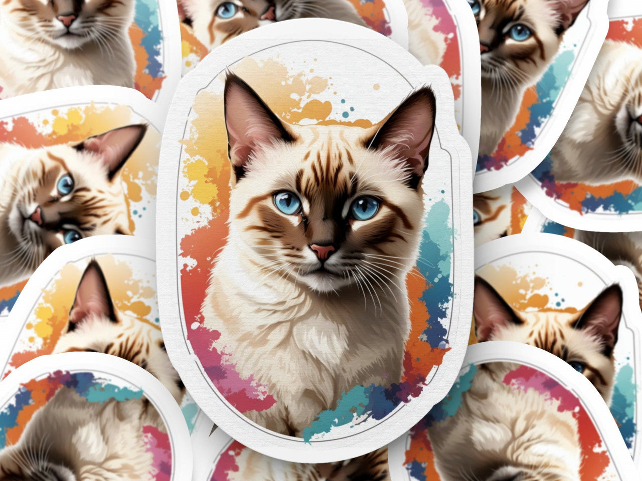 Set 12 bucati, Sticker decorativ, Pisica Siameza, Rezistent la apa, NO3573, 6 cm, Multicolor
