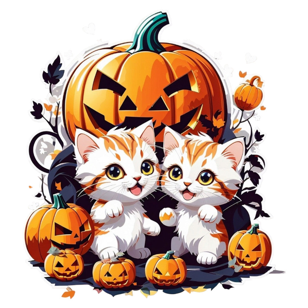 Set 12 bucati, Sticker decorativ, Pisoi si dovleci de halloween, Rezistent la apa, NO4095, 6 cm, Multicolor