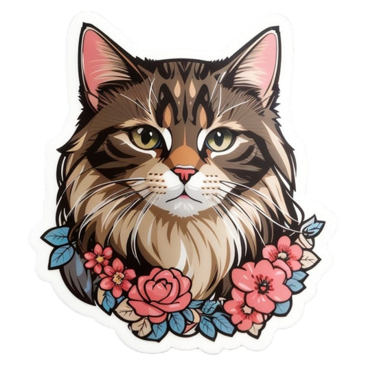 Set 12 bucati, Sticker decorativ, Portret de pisica cu flori, Rezistent la apa, NO4465, 6 cm, Multicolor