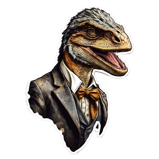 Set 12 bucati, Sticker decorativ, Velociraptor cu papion, Rezistent la apa, NO4660, 6 cm, Multicolor