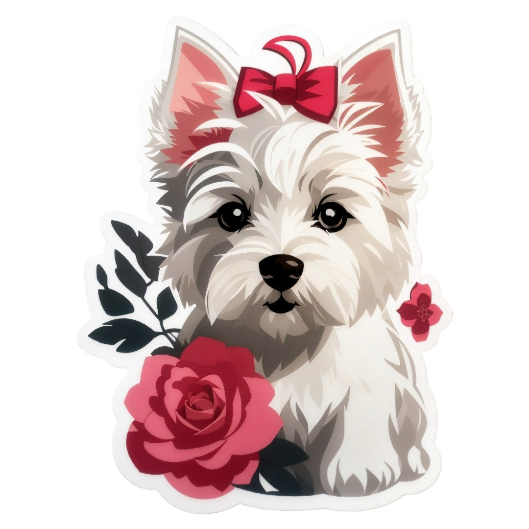 Set 12 bucati, Sticker decorativ, Westie cu fundita, Rezistent la apa, NO4322, 6 cm, Multicolor