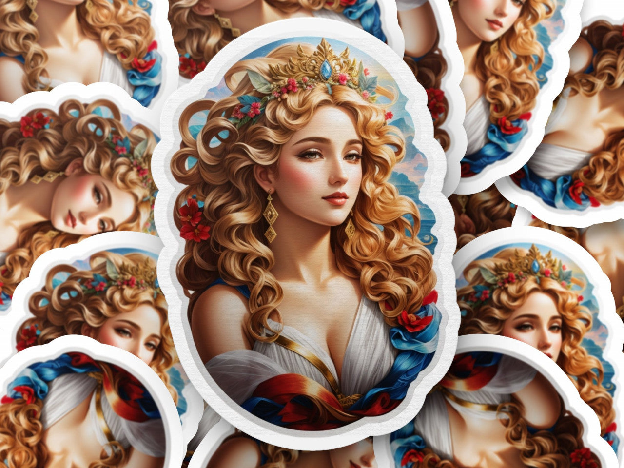 Set 12 bucati, Sticker decorativ, Zeita greaca Afrodita cu tiara, Rezistent la apa, NO2515, 6 cm, Multicolor