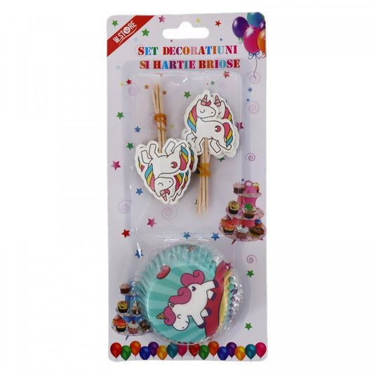 Set 12 decoratiuni si hartie pentru briose, Unicorn, NO4312, 6.5 cm, Multicolor