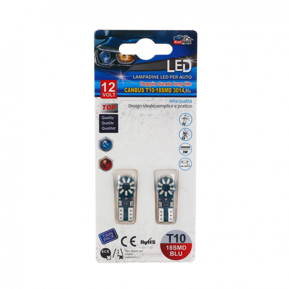 Set 2 becuri LED, 12V, Soclu T10, Canbus T10-18SMD, 3W, 30000K