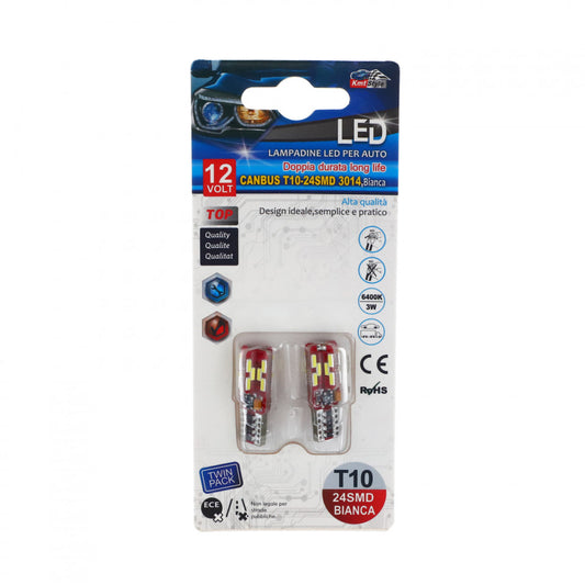 Set 2 becuri LED, 12V, Soclu T10, Canbus T10-24SMD, 3W, 6400K