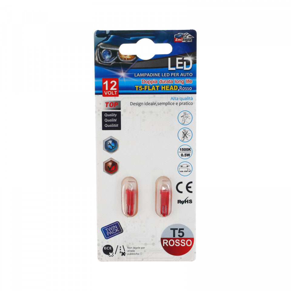 Set 2 becuri LED, 12V, Soclu T5, Flat Head, Rosu, 0.5W, 1500k