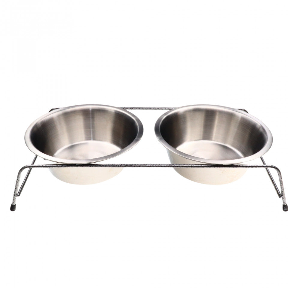 Set 2 Boluri pentru mancare sau apa cu suport, pentru animale, din inox, 17.5 cm