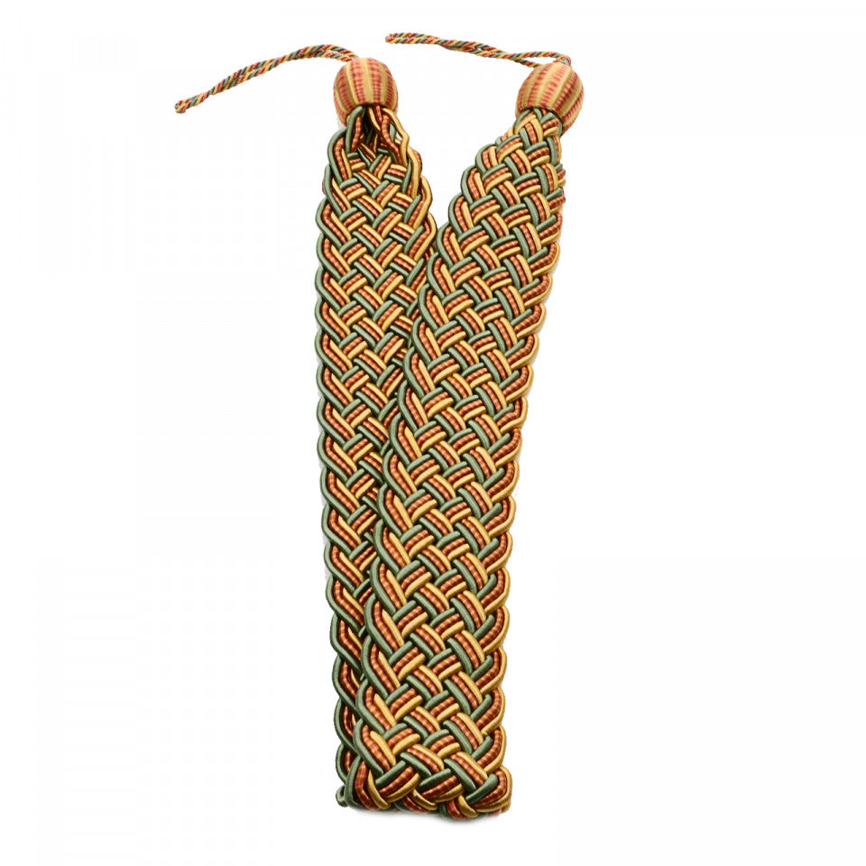 Set 2 buc, Accesorii strangere perdea si draperie, model cordon plat, 105 x 5.5 cm, Verde cu galben deschis