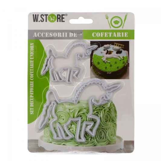 Set 2 buc, Matrita / sablon pentru cofetarie, din silicon, forma Unicorn, 12 x 8 cm / 8 x 5 cm, Alb