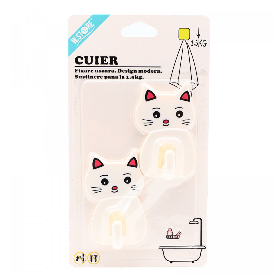 Set 2 bucati, cuier cu design modern pisicuta, Alb, 6.5 x 4.3 cm