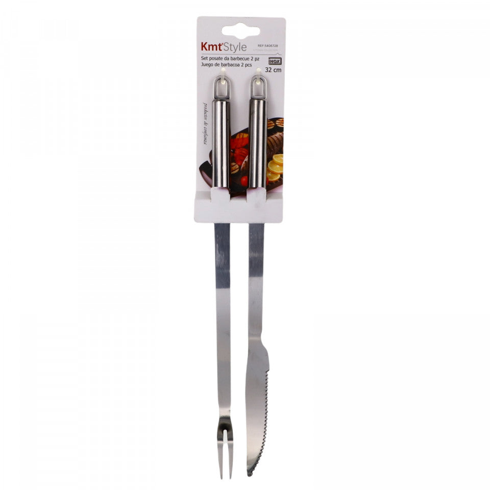 Set 2 bucati, furculita si cutit pentru gratar, 32 cm, Inox