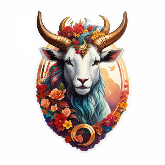 Set 2 bucati, Sticker decorativ, Capra cu flori simbol zodia capricorn, Rezistent la apa, NO5043, 16 cm, Multicolor