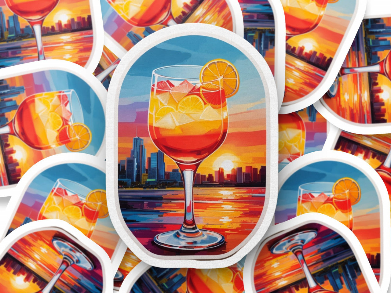 Set 2 bucati, Sticker decorativ, Cocktail Tequila sunrise la rasarit, Rezistent la apa, NO5995, 16 cm, Multicolor