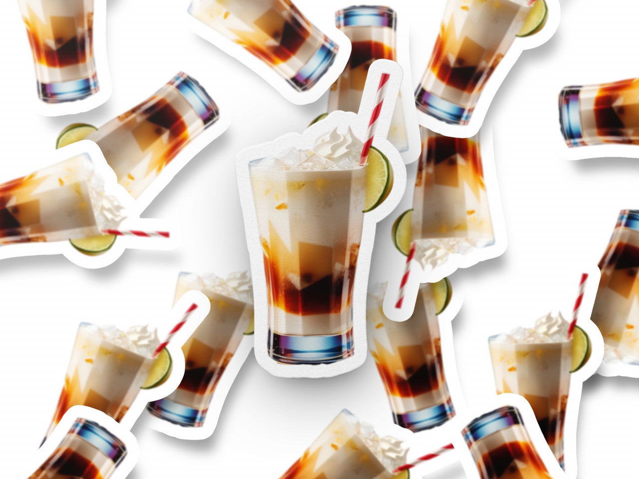 Set 2 bucati, Sticker decorativ, Cocktail white russian cu frisca si lamaie, Rezistent la apa, NO6080, 16 cm, Multicolor