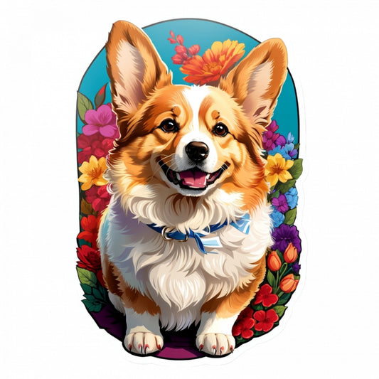 Set 2 bucati, Sticker decorativ, Corgi galez Pembroke in flori, Rezistent la apa, NO5733, 16 cm, Multicolor