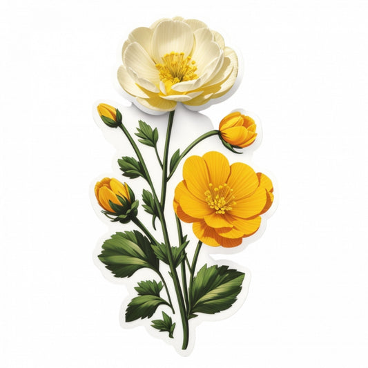 Set 2 bucati, Sticker decorativ, Flori Buttercup, Rezistent la apa, NO5000, 16 cm, Multicolor