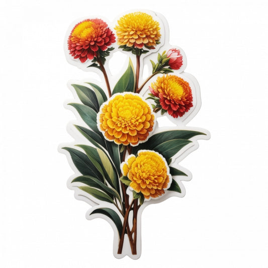 Set 2 bucati, Sticker decorativ, Flori Craspedia cu frunze, Rezistent la apa, NO5129, 16 cm, Multicolor
