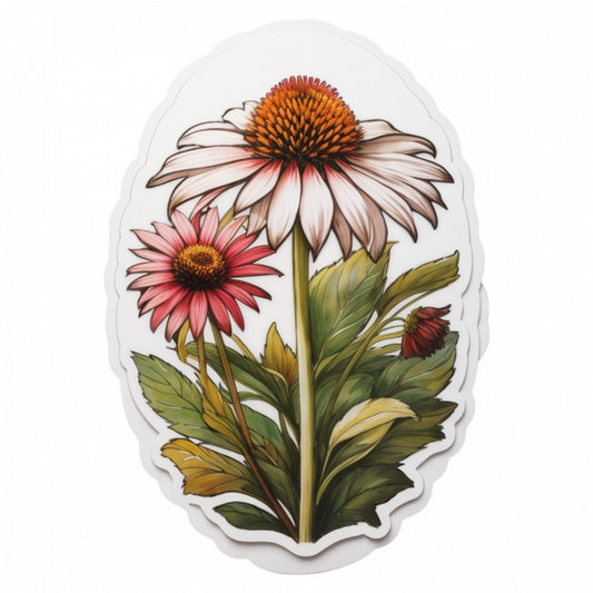 Set 2 bucati, Sticker decorativ, Flori de echinacea, Rezistent la apa, NO5209, 16 cm, Multicolor