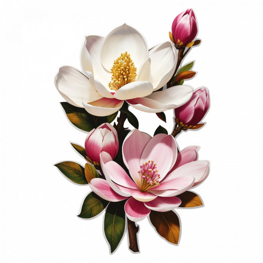 Set 2 bucati, Sticker decorativ, Flori de magnolia cu boboci, Rezistent la apa, NO5548, 16 cm, Multicolor