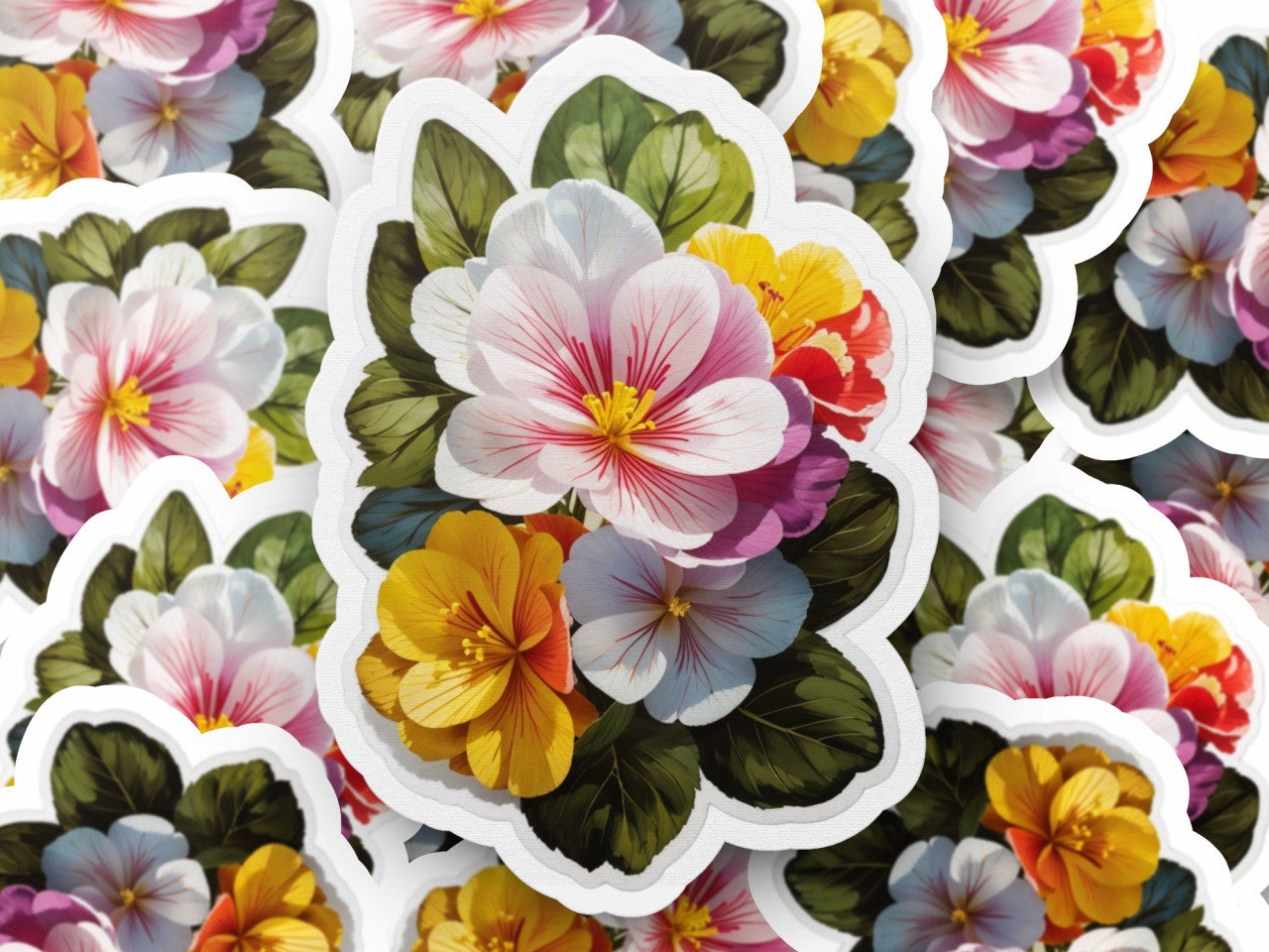 Set 2 bucati, Sticker decorativ, Flori de primula, Rezistent la apa, NO5814, 16 cm, Multicolor