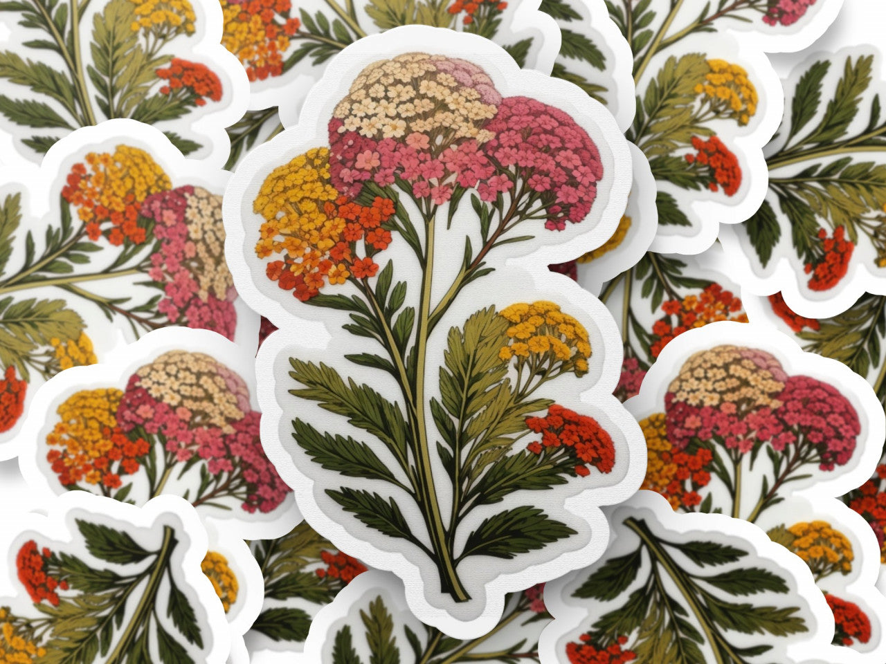 Set 2 bucati, Sticker decorativ, Flori de yarrow, Rezistent la apa, NO6090, 16 cm, Multicolor
