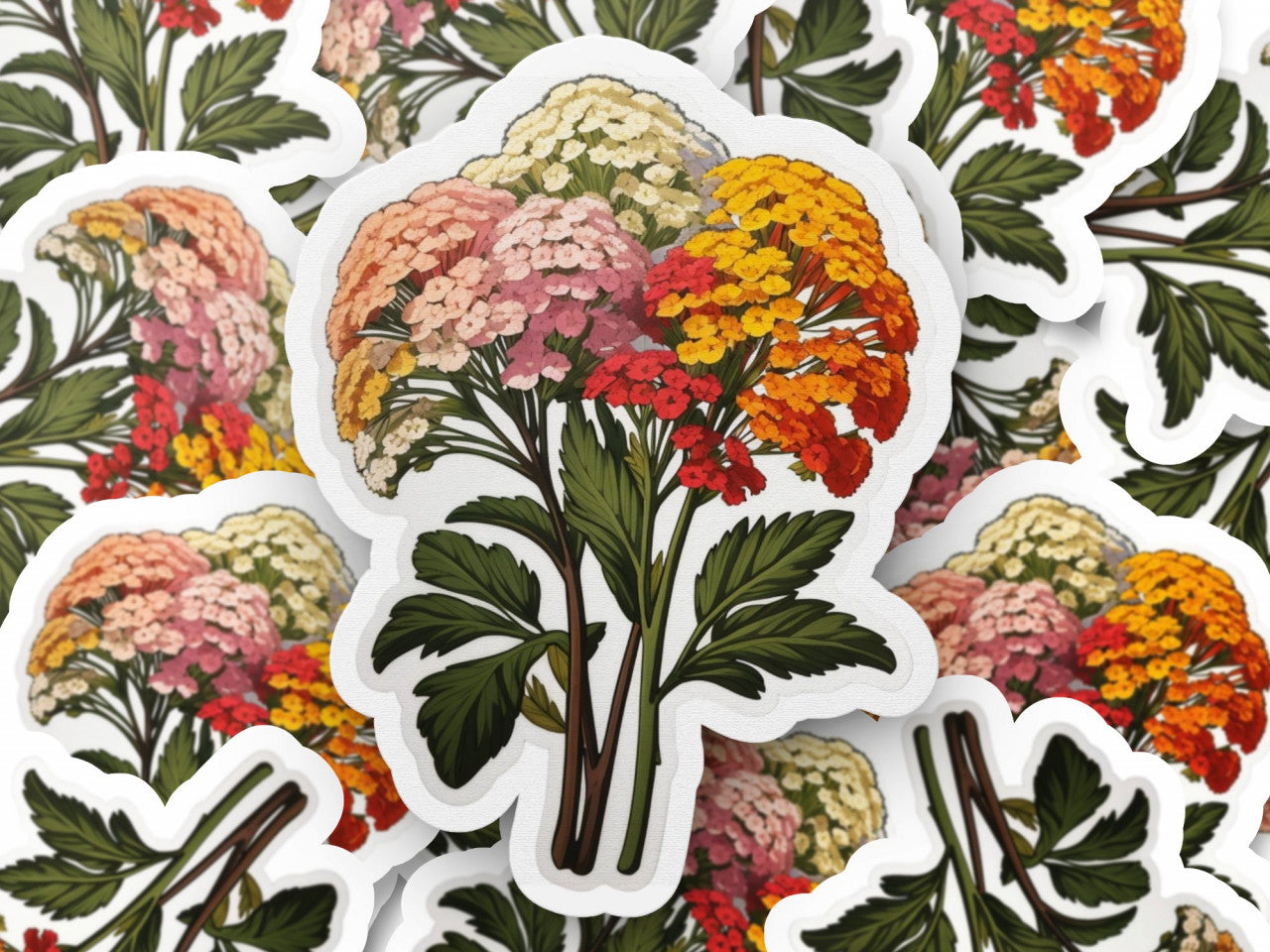 Set 2 bucati, Sticker decorativ, Flori de yarrow, Rezistent la apa, NO6091, 16 cm, Multicolor