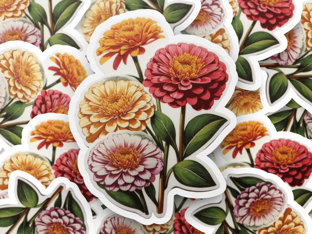 Set 2 bucati, Sticker decorativ, Flori de zinnia, Rezistent la apa, NO6113, 16 cm, Multicolor