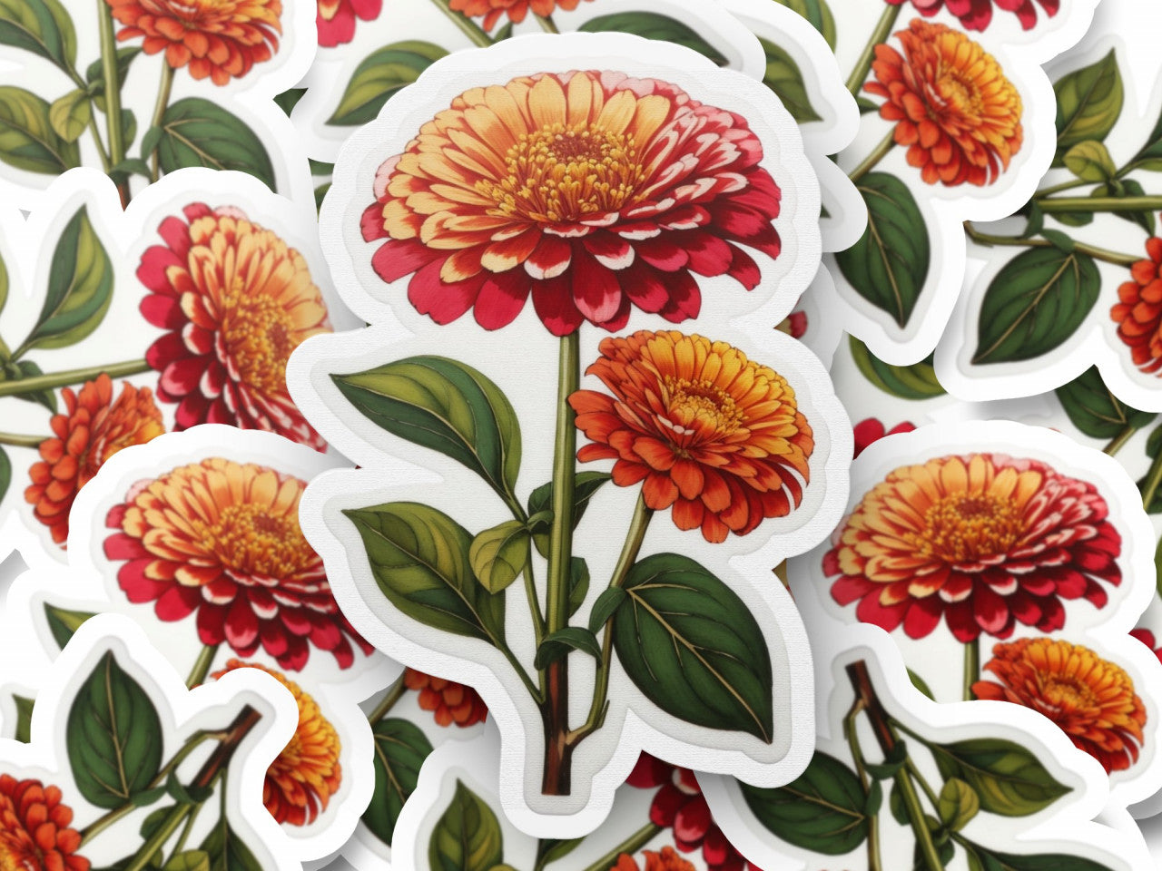 Set 2 bucati, Sticker decorativ, Flori de zinnia, Rezistent la apa, NO6114, 16 cm, Multicolor
