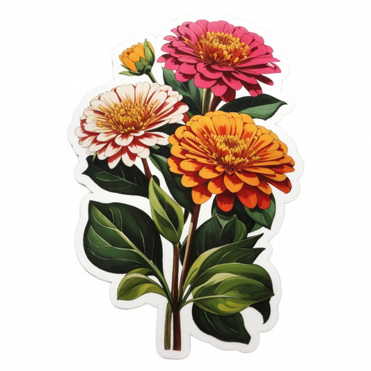 Set 2 bucati, Sticker decorativ, Flori de zinnia, Rezistent la apa, NO6115, 16 cm, Multicolor