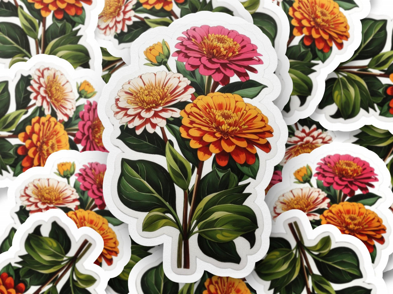 Set 2 bucati, Sticker decorativ, Flori de zinnia, Rezistent la apa, NO6115, 16 cm, Multicolor
