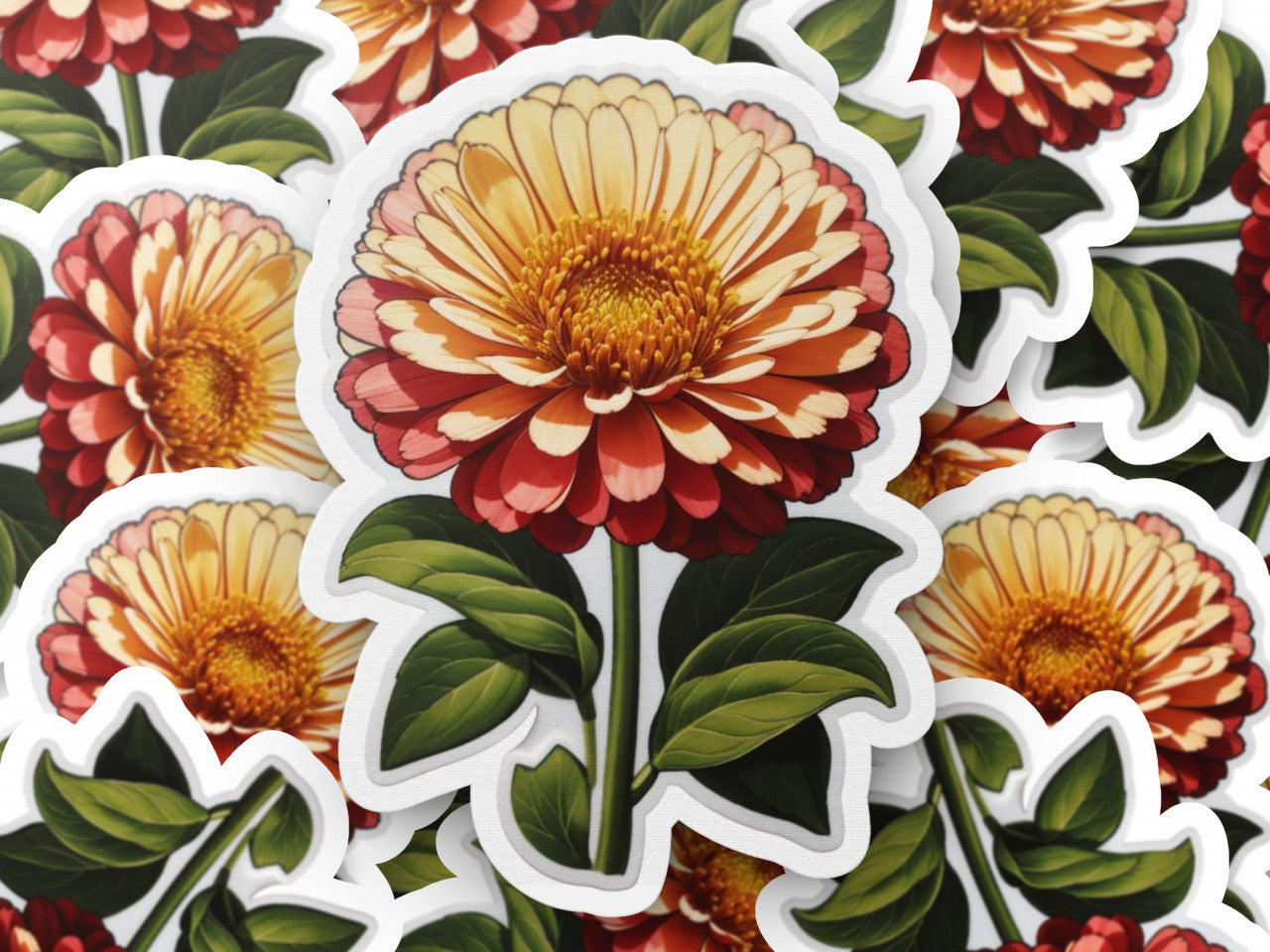 Set 2 bucati, Sticker decorativ, Flori de zinnia, Rezistent la apa, NO6116, 16 cm, Multicolor