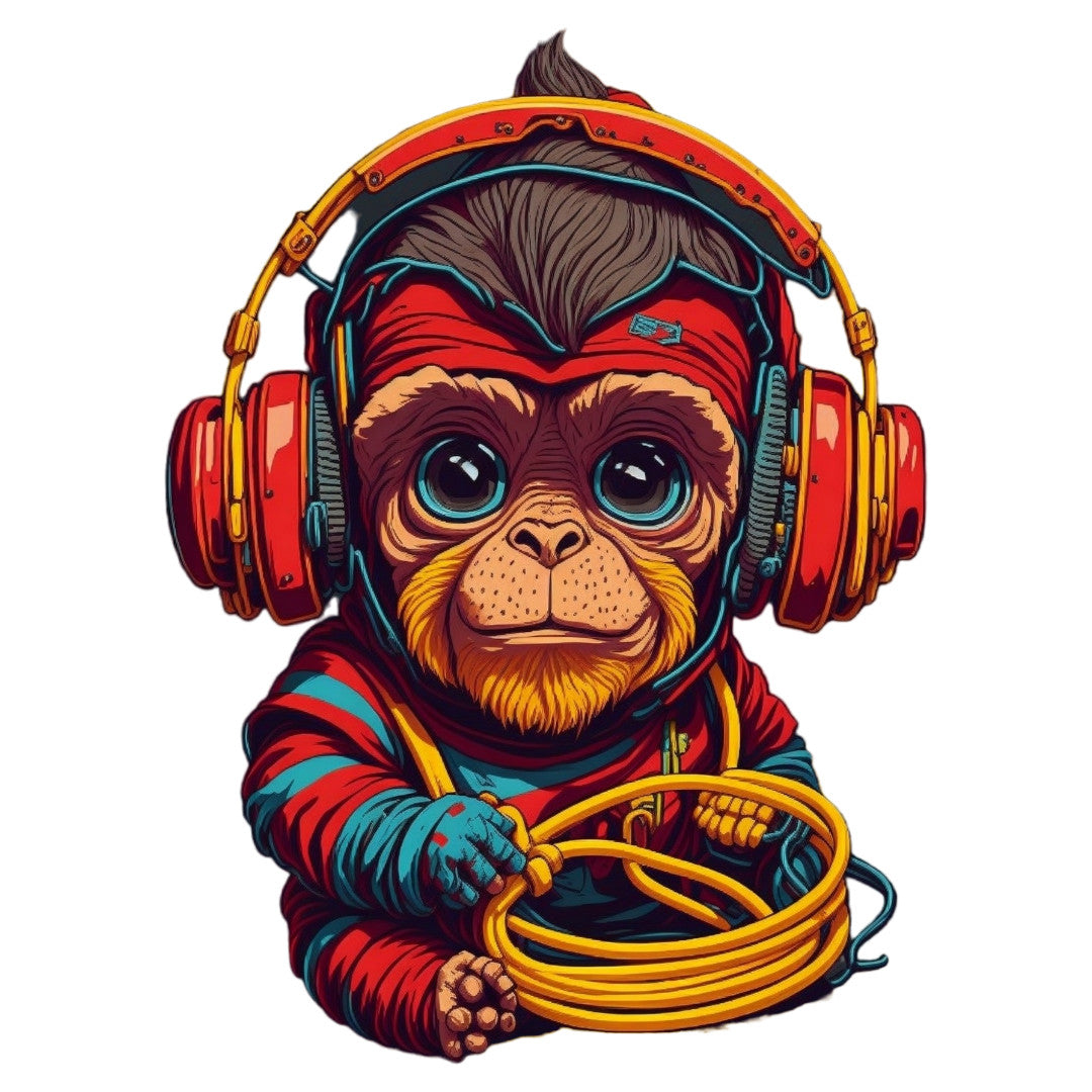 Set 2 bucati, Sticker decorativ, Maimuta cu casti, Rezistent la apa, NO6336, 16 cm, Multicolor