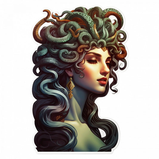 Set 2 bucati, Sticker decorativ, Medusa personaj mitologic, Rezistent la apa, NO5591, 16 cm, Multicolor