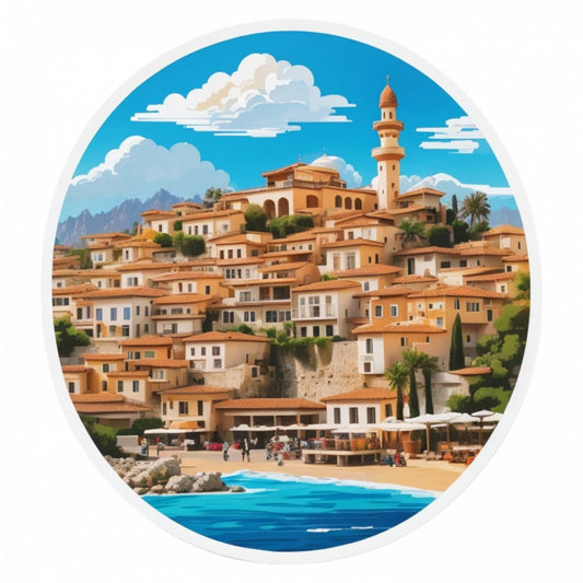 Set 2 bucati, Sticker decorativ, Orasul Antalya malul marii, Rezistent la apa, NO4878, 16 cm, Multicolor
