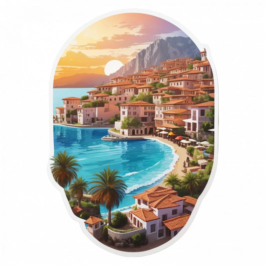 Set 2 bucati, Sticker decorativ, Orasul Antalya vedere la mare, Rezistent la apa, NO4877, 16 cm, Multicolor