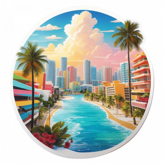 Set 2 bucati, Sticker decorativ, Orasul Cancun cu vedere la apa, Rezistent la apa, NO5031, 16 cm, Multicolor
