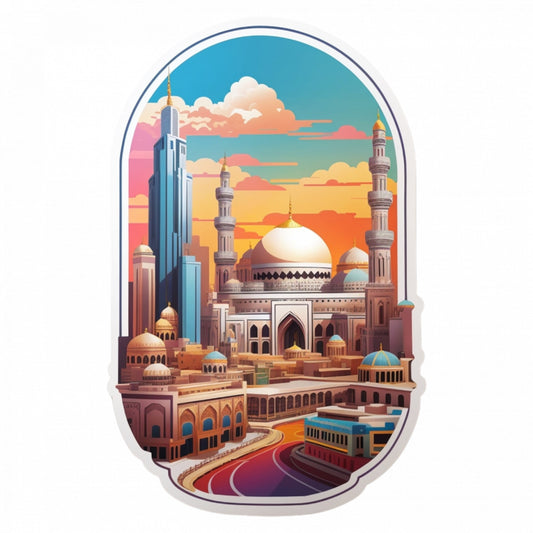 Set 2 bucati, Sticker decorativ, Orasul Mecca cu moschee si minarete, Rezistent la apa, NO5589, 16 cm, Multicolor